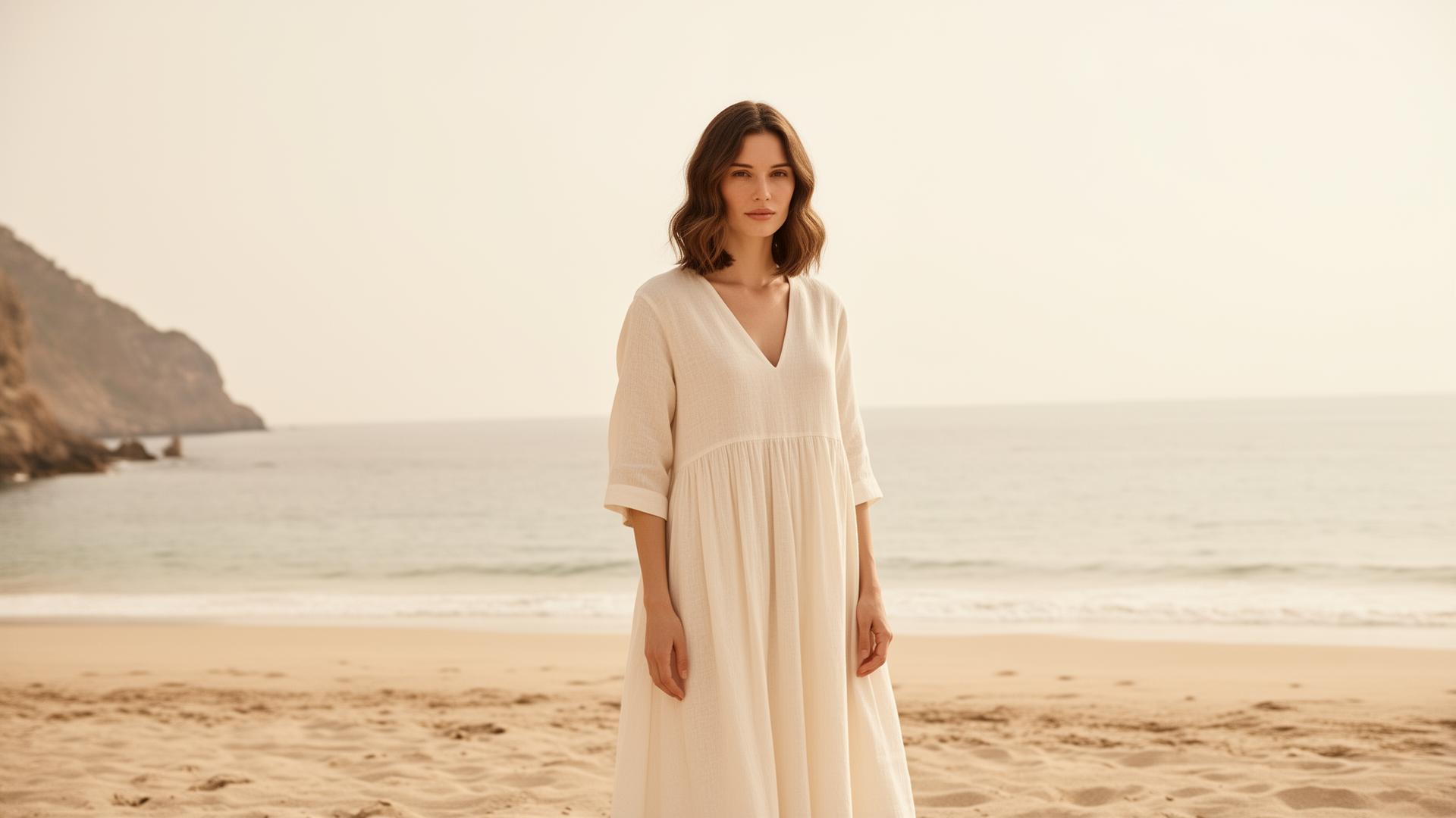 Robe en lin ivoire sur fond beige sable - Vestia