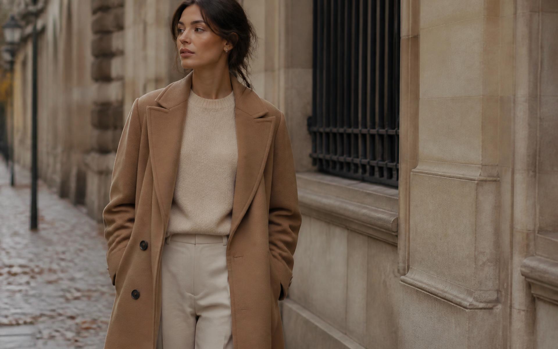 Manteau camel et maille crème, silhouette de rentrée - Vestia